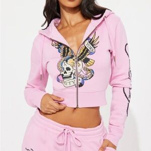 NEW Ed Hardy Sweatshirt Hoodie Zip Up Fleece NYC Flying Skull Medium NWT